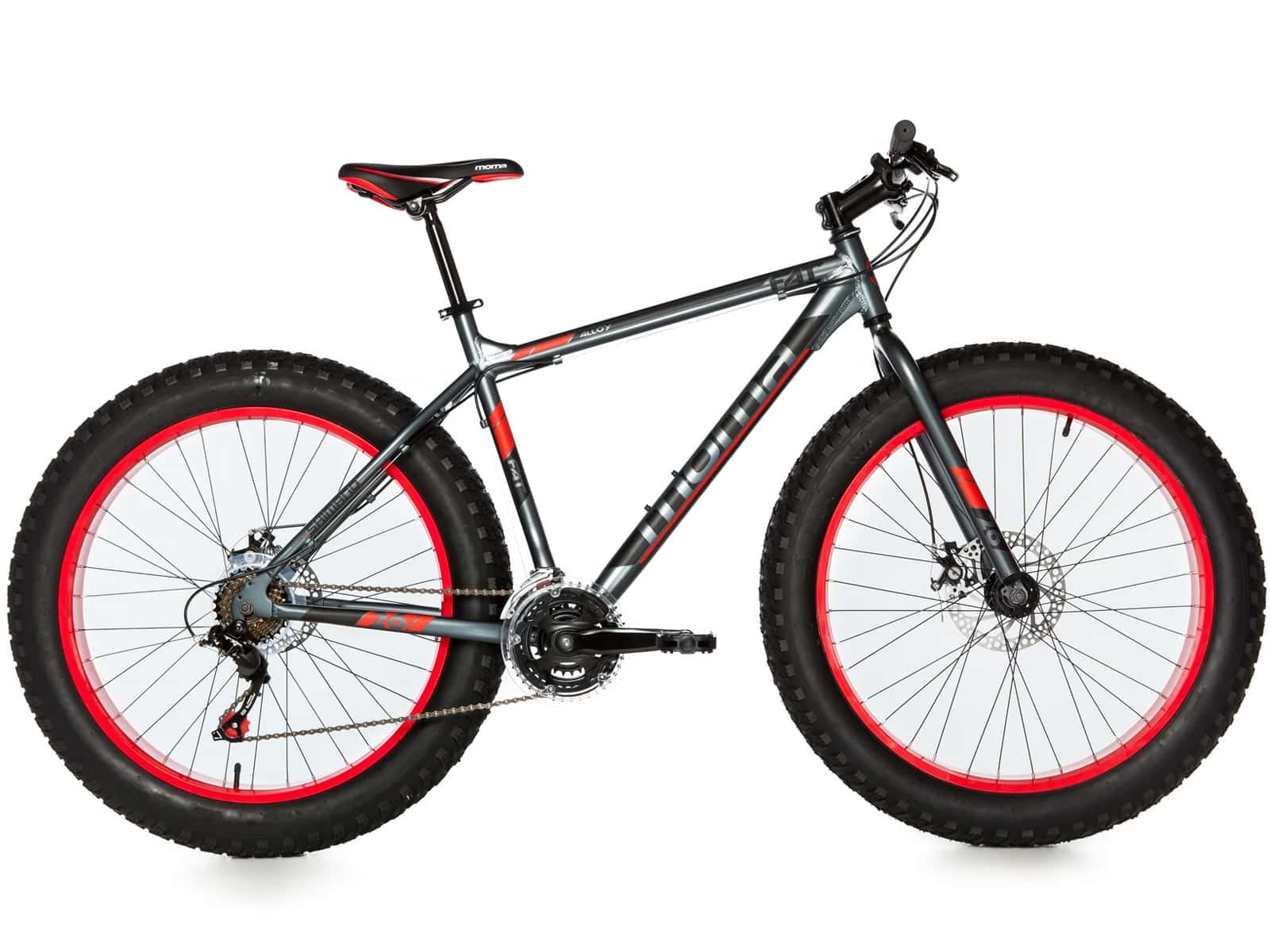 Foto van een fatbike met extra brede banden, deze is van het merk Moma